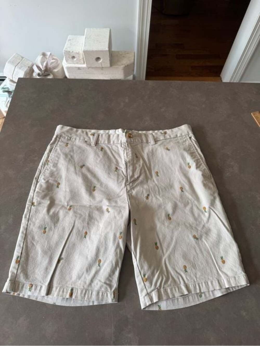 Old Navy Khaki Pineapple Embroidered Flat-Front Shorts